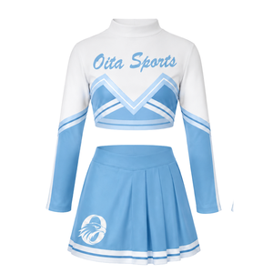 Light Blue <b>White</b> Sublimated Cheer <b>Long</b> Sleeve Uniform Set Pleated <b>Skirt</b> Athletic Team Sportswear Training Practice Performance - Product Image 2