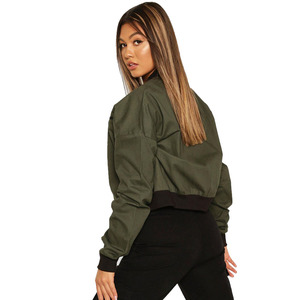 Chaqueta Bomber Verde Oliva de Alta Calidad para Mujer, Manga Larga, Cierre de Cremallera, Cuello Camisero, Color Sólido, Corte Corto, para Otoño - Product Image 2