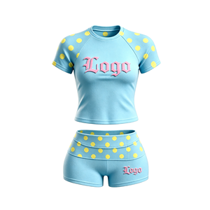 Women Polka Dot Crop Top <b>Shorts</b> Set Glitter Logo Print Quick Dry Spandex <b>Polyester</b> Summer Wear Crew Neck <b>Short</b> Sleeve - Product Image 4