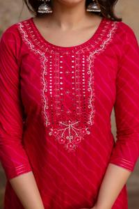 Premium Rani Pink 60x60 Cotton Handwork Suit Set with Embroidered Straight <b>Kurta</b> Matching Pants and Dupatta for <b>Women</b> - Product Image 5