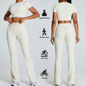 Ensemble de yoga pour femme bleu clair : Crop top et legging taille haute longueur intégrale, 2 pièces en Spandex et Polyester extensible dans les 4 sens avec cordon de serrage - Product Image 2