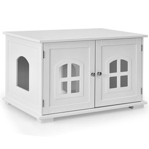 White Large <b>Wooden</b> Cat Litter <b>Box</b> Enclosure with Hidden Washroom <b>Divider</b> Pet Furniture for Cats - Product Image 3