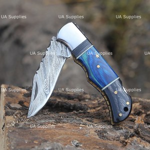 Excellent Quality UA Supplies Industrial Grade Damascus Steel Folding <b>Knife</b> Clip Point Blade Leather Sheath OEM Available 1 Year - Product Image 4