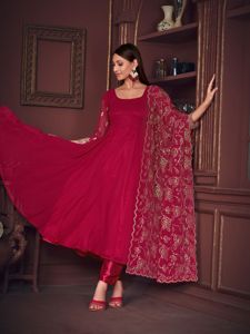 Ensemble Anarkali Rose de Luxe Premium pour Femme, Manches 3/4, en Santoon et Tulle, Semi-Couture, Extensible, Séchage Rapide, Idéal pour Fêtes et Mariages - Product Image 5