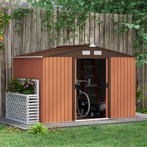 Casetta da Giardino in Metallo Marrone 9FT X 6FT con Doppie Porte Scorrevoli e 4 Prese d'Aria per Cortile, Patio, Prato - Telaio in Lega di Legno - Product Image 2
