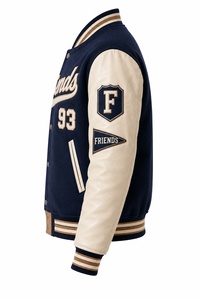 Veste universitaire pour homme, bleu marine et beige, manches en cuir, patch brodé, style preppy, coupe classique, automne. - Product Image 5