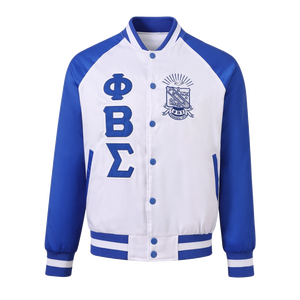 Phi Beta Sigma <b>White</b> Royal Blue <b>Men</b> Greek Fraternity Bomber <b>Jacket</b> Embroidered Crest Letters Snap Button Long Sleeve Ribbed - Product Image 3