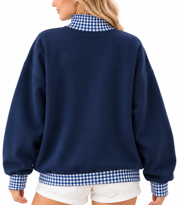 Wholesale Women’s Oversized <b>Mock</b> Neck Sweatshirt Custom Gingham Letters Ribbing Cotton Winter Casual Pullover - Product Image 3