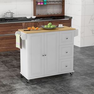 Carrello da Cucina Moderno Portatile con Piano Ribaltabile Bianco, 3 Cassetti, Top in Legno di Quercia Naturale, Porta Spezie e Porta Asciugamani - Product Image 2