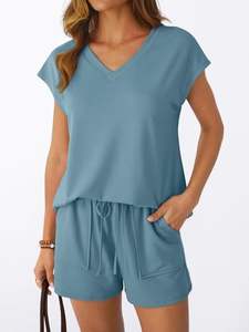 Conjunto de verano para mujer, diseño de cintura atractivo, color azul aguamarina, estilo informal, original, de alta calidad, con cuello en V y jersey. - Product Image 5