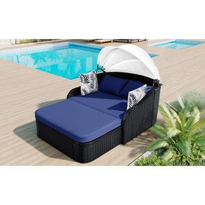 Lettino prendisole doppio da esterno GO 79,9 pollici con tettuccio regolabile in rattan PE e vimini nero, cuscino blu - Product Image 3