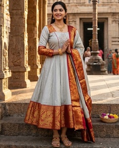 Women Traditional Kanchi Cotton Kurtis Kupatta Ankle Length Red <b>Gold</b> Zari Kanchi Border Indian Wedding Wear Ethnic Weat Kurtis - Product Image 1