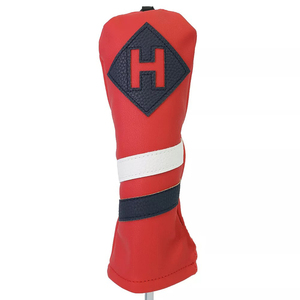 Red Synthetic Leather <b>Golf</b> Headcover with Geometric H Logo and Stripes <b>Golf</b> Hybrid Headcover Red White Blue Vintage Leather - Product Image 1
