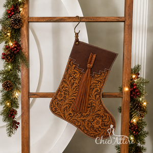 Nouvelle chaussette de Noël en cuir fleuri et gaufré avec franges décoratives, motif cowboy rustique, pour cadeaux et accessoires - Product Image 1