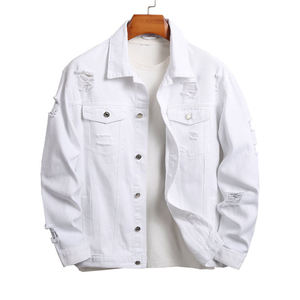 Veste en jean blanche pour homme, style vintage, brodée, déchirée, en coton lavé, boutonnée, couleur unie, coupe classique, style printemps - Product Image 1