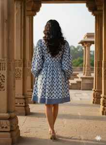 Túnica Midi de Algodón con Estampado Digital Geométrico Azul, Estilo Bohemio Étnico para Mujer, Vestido Indio Artesanal con Cintura Natural, Lavable - Product Image 4