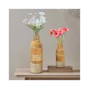 Nordic Handcrafted Mango Wood Vase Set Tribal Pattern Engraved Tall Wooden Flower Pot for Rustic Farmhouse Home <b>Table</b> Decor - Product Image 2