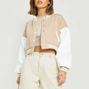 Wholesale <b>Womens</b> Streetwear Crop Varsity <b>Jacket</b> Wool Body Leather Sleeves Custom Logo <b>Bomber</b> <b>Jacket</b> - Product Image 1