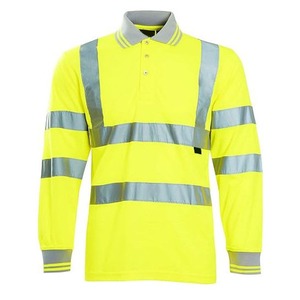Men's High Visibility Long Sleeve <b>Polo</b> Shirt Yellow Reflective Workwear Polyester Safety Uniform - Product Image 1