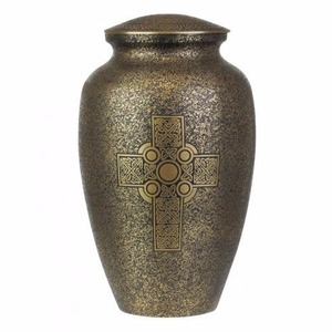 Ornate Metal Urn with Cross Design Traditional Handmade <b>Vase</b> for Sympathy <b>Art</b> Display - Product Image 1