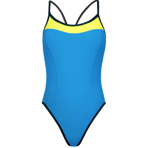 Traje de Baño de Una Pieza para Mujer, Tirantes Finos, Azul y Amarillo, Secado Rápido, UPF50+, Color Sólido, Traje de Baño Competitivo, OEM Personalizado, con Lazos - Product Image 5