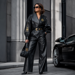 Combinaison en cuir PU marron pour femme Twill Sports, sans manches, fermeture éclair sur le devant, jambes larges, longueur intégrale, style streetwear sexy, combinaison en cuir - Product Image 4