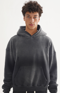 <b>Men</b> Distressed Hoodie Vintage Washed <b>Pullover</b> Sweatshirt with Worn Look Finish Adjustable Hood and Casual Streetwear Style - Product Image 3