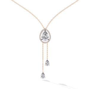 10K 14K 18K Rose Gold Lariat Necklace Featuring a Teardrop Halo <b>Frame</b> and Shimmering Pear Cut Lab Grown Diamond Dangle Charms - Product Image 1