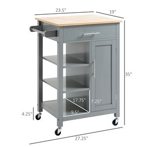 Carrello da Cucina Grigio con Ruote, Piano in Legno Massello, Cassetto e Ripiano Portaoggetti per Organizzazione Cucina e Sala da Pranzo - Product Image 3