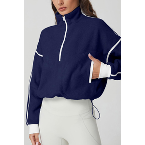 2026 Trending <b>Women's</b> <b>Navy</b> Fleece Half-Zip Crop Sweatshirt Stand Collar Drop-Shoulder Full Sleeve Autumn Casual Wear ODM OEM - Product Image 5