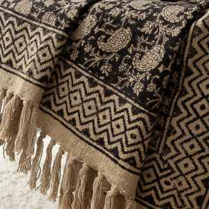 Plaid décoratif en coton noir à motif cachemire imprimé à la main, 50x70 pouces, avec bordure en zigzag et franges, pour la décoration de canapé, vente en gros - Product Image 4