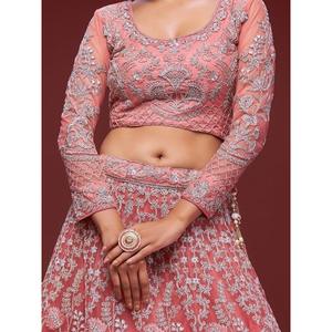 Gorgeous Coral Embroidered <b>Net</b> Wedding Wear Lehenga Choli - Product Image 3