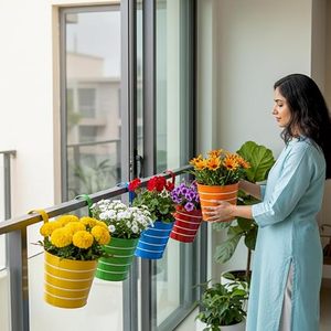 Ensemble de pots suspendus modernes, colorés, en PP, pour une utilisation intérieure et extérieure, avec fleurs et plantes vertes - Product Image 5