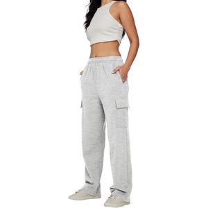 Women's <b>High</b> <b>Waist</b> <b>Cargo</b> Pants Solid Gray Loose Fit Elastic <b>Waist</b> Full Length Casual Autumn Wear Knitted Fleece Material - Product Image 4