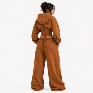 Ensemble de survêtement pour femme avec sweat à capuche oversize à taille corset de créateur, pantalon palazzo en molleton, logo personnalisé, en coton épais, tenue d'hiver et d'automne - Product Image 3
