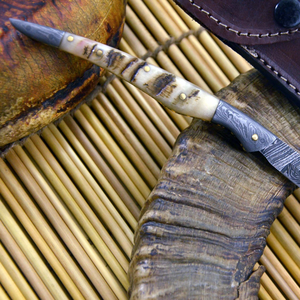 Couteau de chasse en acier Damas, lame à pointe tombante, avec manche en bois et étui en cuir, OEM, pour usage en plein air et camping - Product Image 5