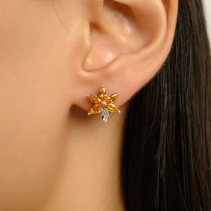Pendientes de Plata de Ley 925 con Piedra Preciosa de Citrino en Forma de Flor Pequeña, Corte Marquesa, con Cierre a Presión, Joyería Fina - Product Image 2