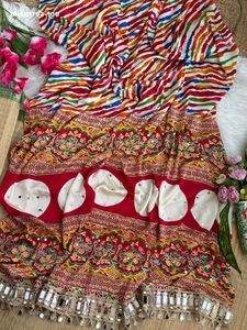 Best Quality Original Japan <b>Satin</b> with Colorful Stripe-Print & Ajrakh Print & Real-Mirror Lace Border Pallu <b>Saree</b> Woman Fashion - Product Image 6
