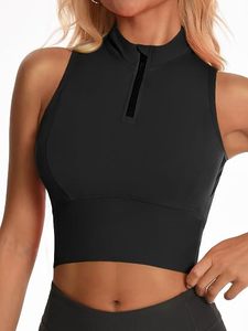 Débardeur court sans manches pour femme, col montant zippé, style sportif, noir uni, séchage rapide, tricoté, pour entraînement et yoga - Product Image 2