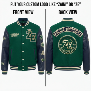 ZAINI <b>Men</b> Varsity <b>Jacket</b> Premium Wool Blend 500 GSM Windproof Stand Collar Green Body Navy <b>Faux</b> <b>Leather</b> Sleeves Custom Logo - Product Image 1