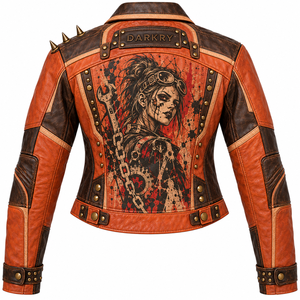 Chaqueta de cuero genuino naranja marrón para mujer, estilo motero, con estampado personalizado 'Mechanic Girl', bolsillos con solapa y detalles de púas, proveedor OEM - Product Image 2