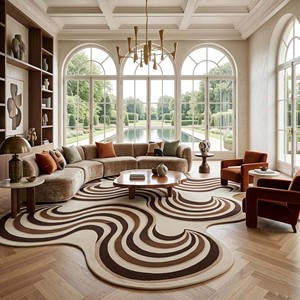 Modern Abstract Wavy Carpet Cream <b>Brown</b> <b>Wool</b> Area Rug Irregular Hand Tufted Rug Contemporary Living Room Bedroom Decorative Rug - Product Image 2