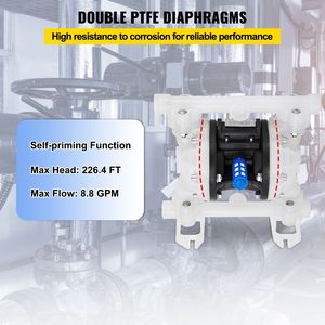 Pompa a Doppia Membrana ad Aria Compressa per Lavorazione del Petrolio, Ingresso/Uscita 1/2, Corpo in Polipropilene, 8.8 GPM Max, 120PSI, PTFE - Product Image 4