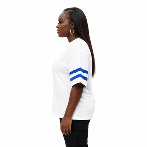 Women <b>White</b> Short Sleeve T-Shirt With Blue Stripes Crew Neck Regular Fit Casual Jersey Cotton <b>Top</b> - Product Image 3
