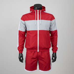 Conjunto Deportivo para Hombre, Chaqueta con Capucha Roja y Gris, Pantalones Cortos con Cintura Elástica, Estilo Deportivo, Transpirable y Ecológico - Product Image 1
