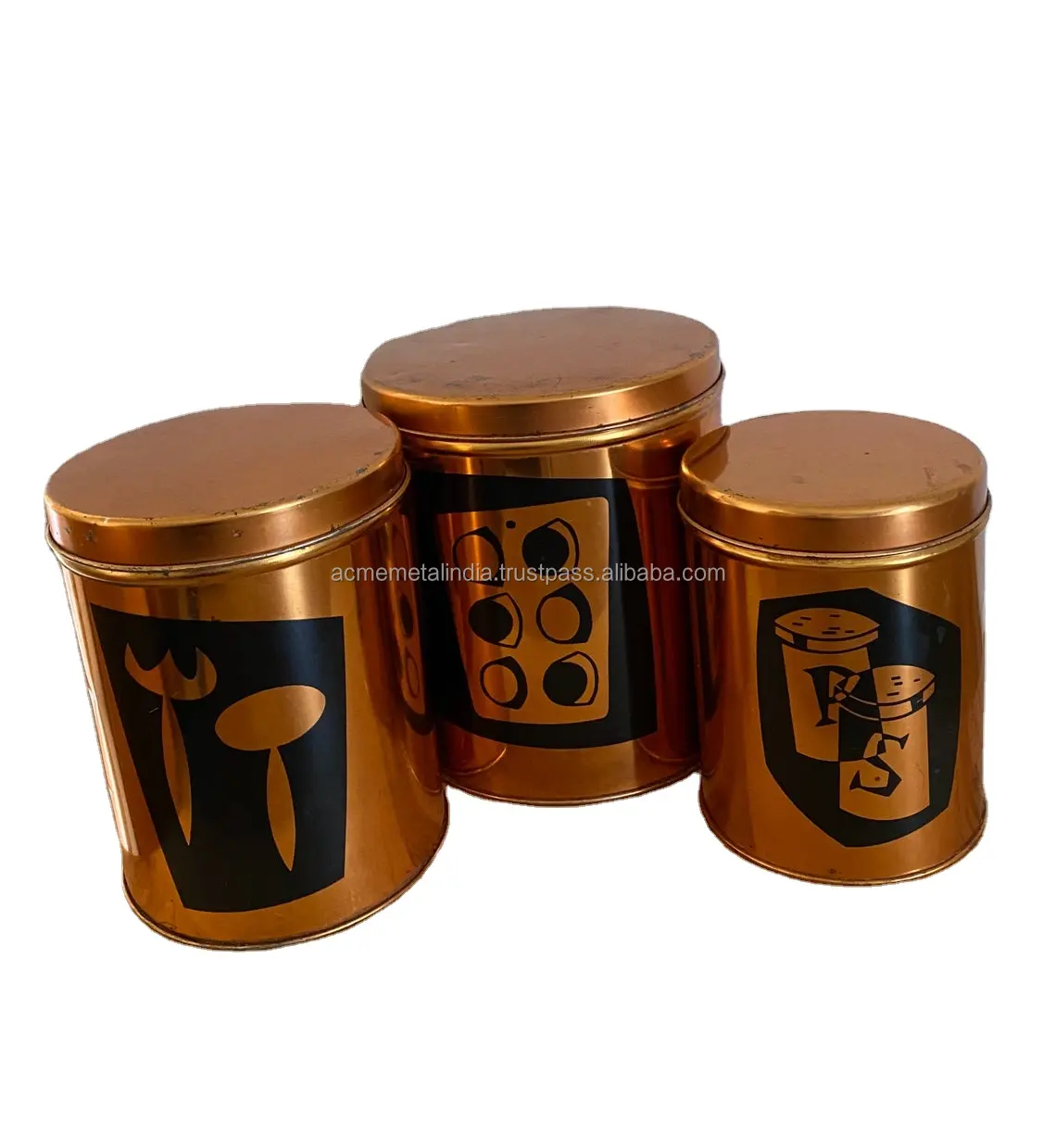 Classical Tin Canister Set Of Three Copper Color Tins With Black Graphite Countertop Storage Organizational Container And Jar