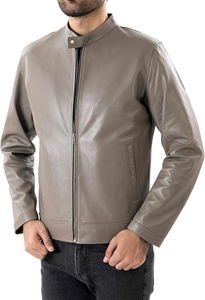 Blouson bomber en cuir PU gris pour homme, col montant, fermeture éclair, coupe ajustée, longueur standard, vêtement décontracté d'automne - Product Image 3