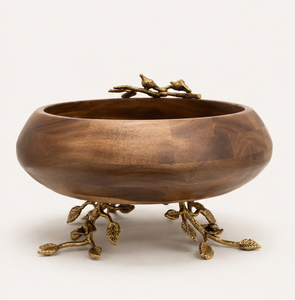Bol de service à salade en bois artisanal de luxe avec accents de branches en laiton antique, centre de table décoratif éco-responsable d'inspiration naturelle - Product Image 3