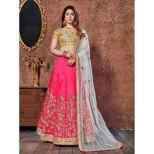 Ropa de boda de seda bordada con hilo rosa-amarillo Lehenga Choli con bordado intrincado - Product Image 5