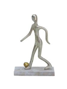 Statue de footballeur abstraite moderne en aluminium, sculpture minimaliste de joueur de football en argent avec ballon doré, décoration sportive, ornement artistique - Product Image 3